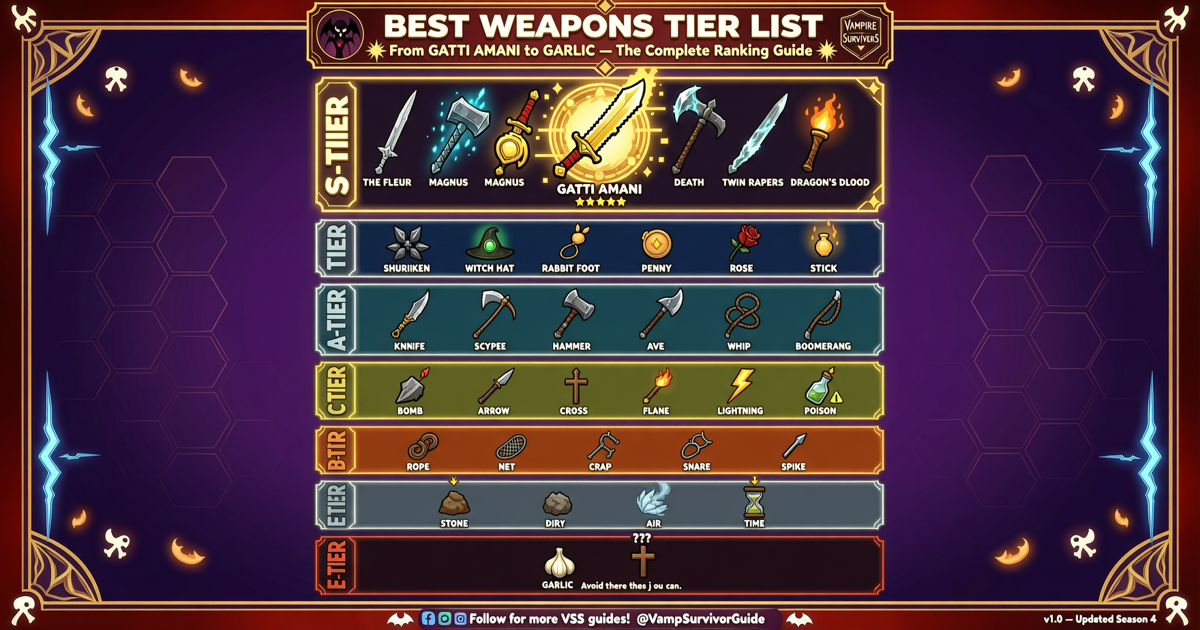 Vampire Survivors: Best Weapons Tier List – From Gatti Amari to Garlic